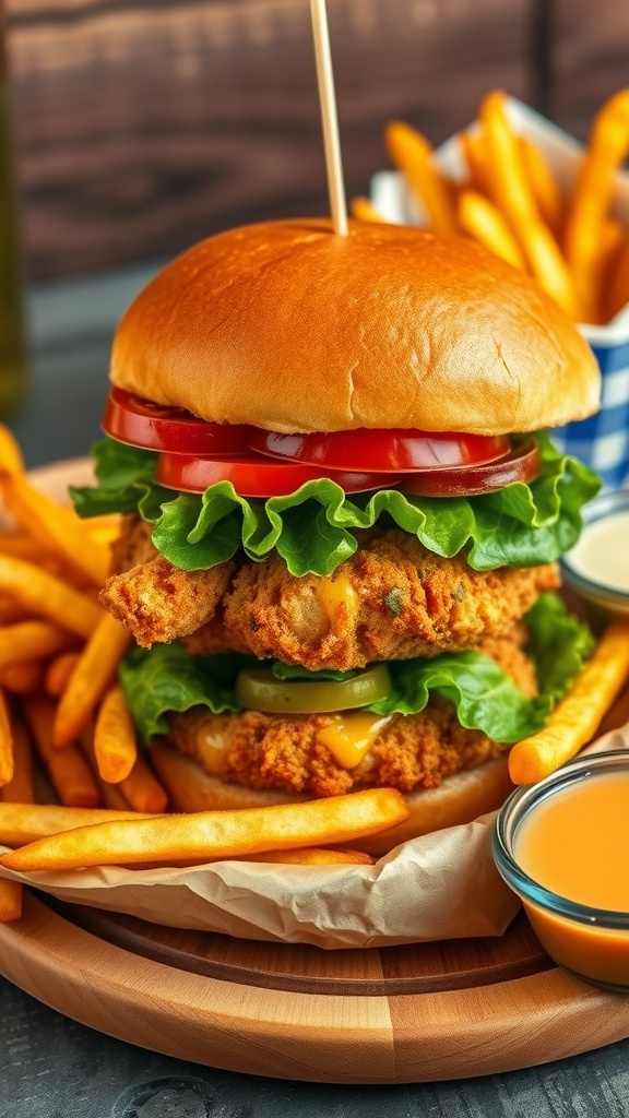 A basket with a crispy chicken burger topped with lettuce and tomato, served with golden fries on a wooden table.
